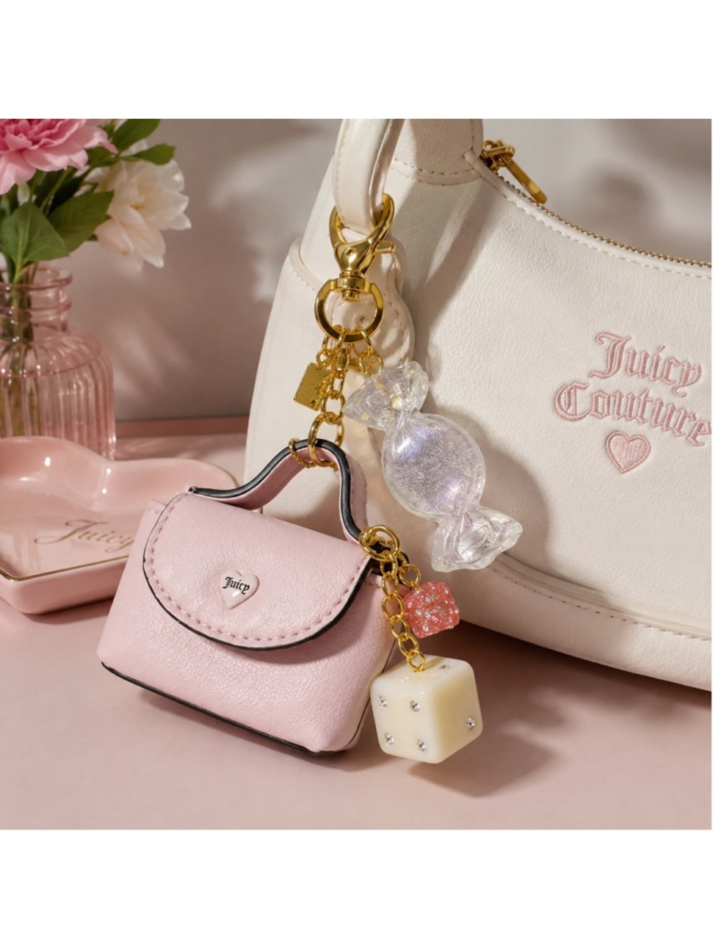 Juicy Couture Mini Purse Bag Charm Keychain Pink Dice Candy Charms